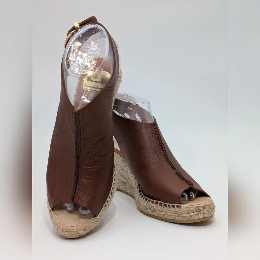 Kanna Peep Toe Spain Slingback Brown Leather Espadrille Wedge Sandals Size‎ 6.5